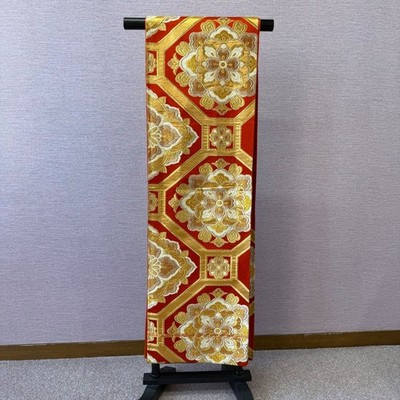 Vintage Japanese FUKURO-OBI Red Gold Floral Pattern Silk Kimono Belt 423cm Rokko