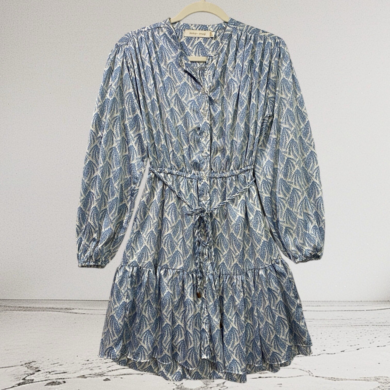 Bishop + Young Tiered Shirt Dress Women’s XS Blue Leaf Print Party Casual