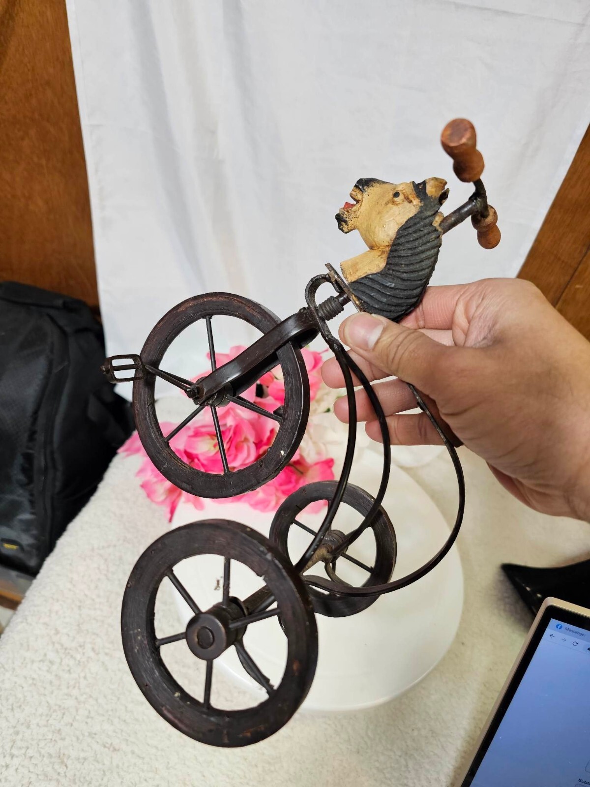 Vintage tricycle Toy Trike Bike w/ Horsehead Decor Metal & Wood Figurine 8.5tall