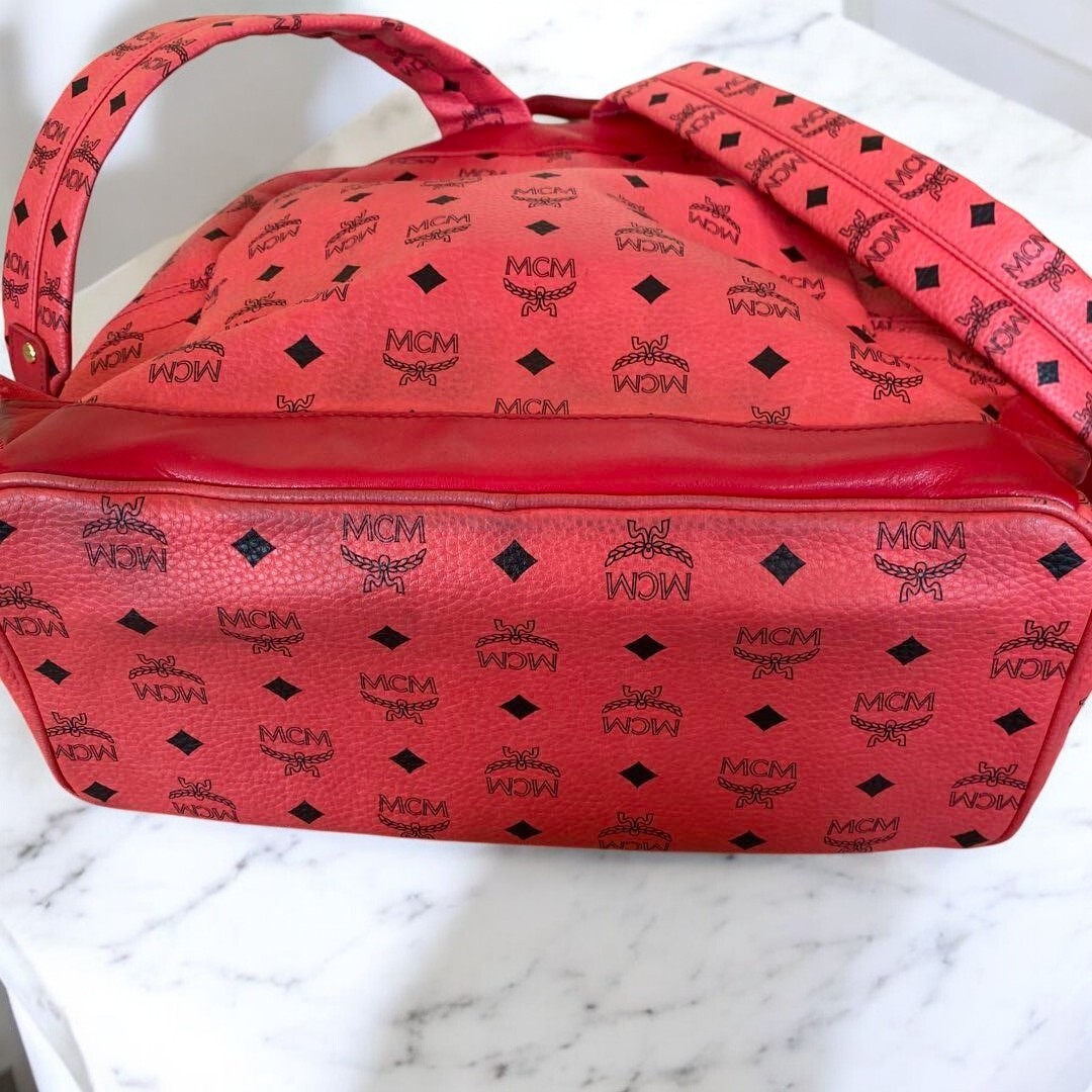 MCM Backpack Visetos Pink Red Gold Metal Logo Plate Studs