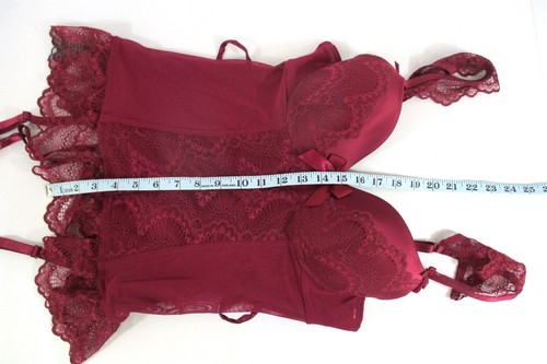 LoveHoney Lingerie Moonlight Satin & Lace Plunge Basque Set Wine Size L - Picture 9 of 12