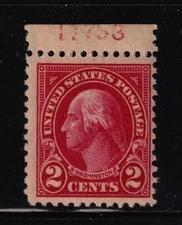 1923 Washington 2c carmine Sc 554 MNH top plate number single CV $15 (T15