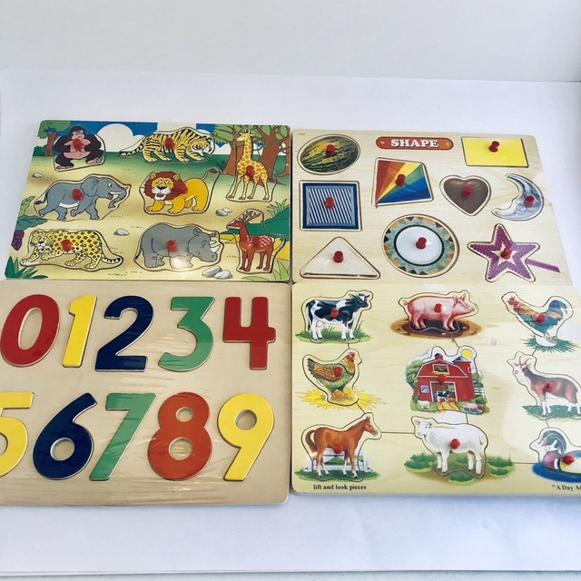 Lot 4 Wooden Peg Puzzles Safari Animals Numbers Shapes Farm Animals eBay