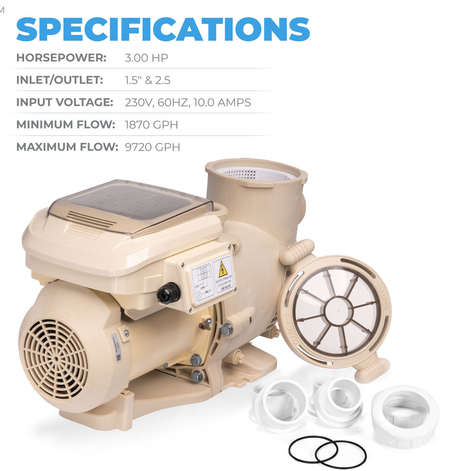 3.0HP High-Flow Variable Speed 2" Swimming Pool Pump Spa Above Inground, 230V