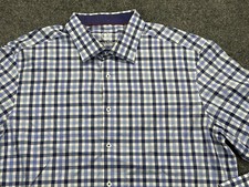 Bugatchi Uomo Mens 18/36-37 Button Front Long Sleeve Dress Shirt Blue Checkered