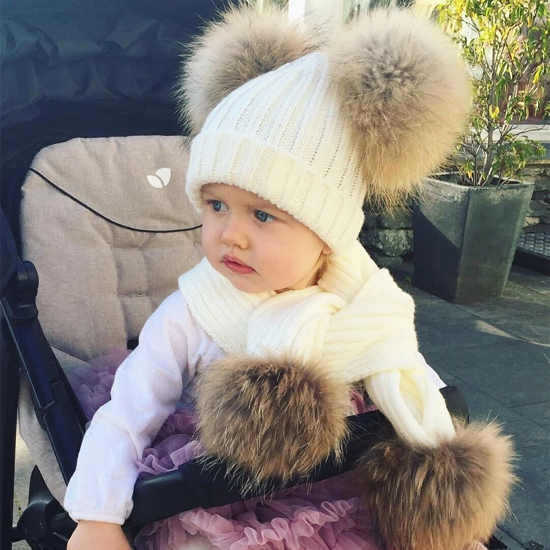 Baby Knitted Hat Kid Scarf Double Raccoon Pom Pom Fur Winter Warm Beanie Cap Set