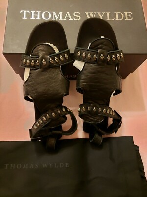 Thomas wylde Sandals BLACK LEATHER & SKULL STUDS size 9/ 9-9.5US Box, Dust Bag