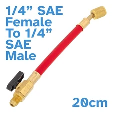 20cm Red 1/4" SAE Flare Male To Female Charging Hose Ball Valve Refrigerant
