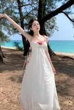 Women's New French grace mesh sling flowers decorate Backless seaside long dress