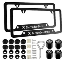 2 Black Aluminum Mercedes License Plate Frames Valve Stem Caps Hardware