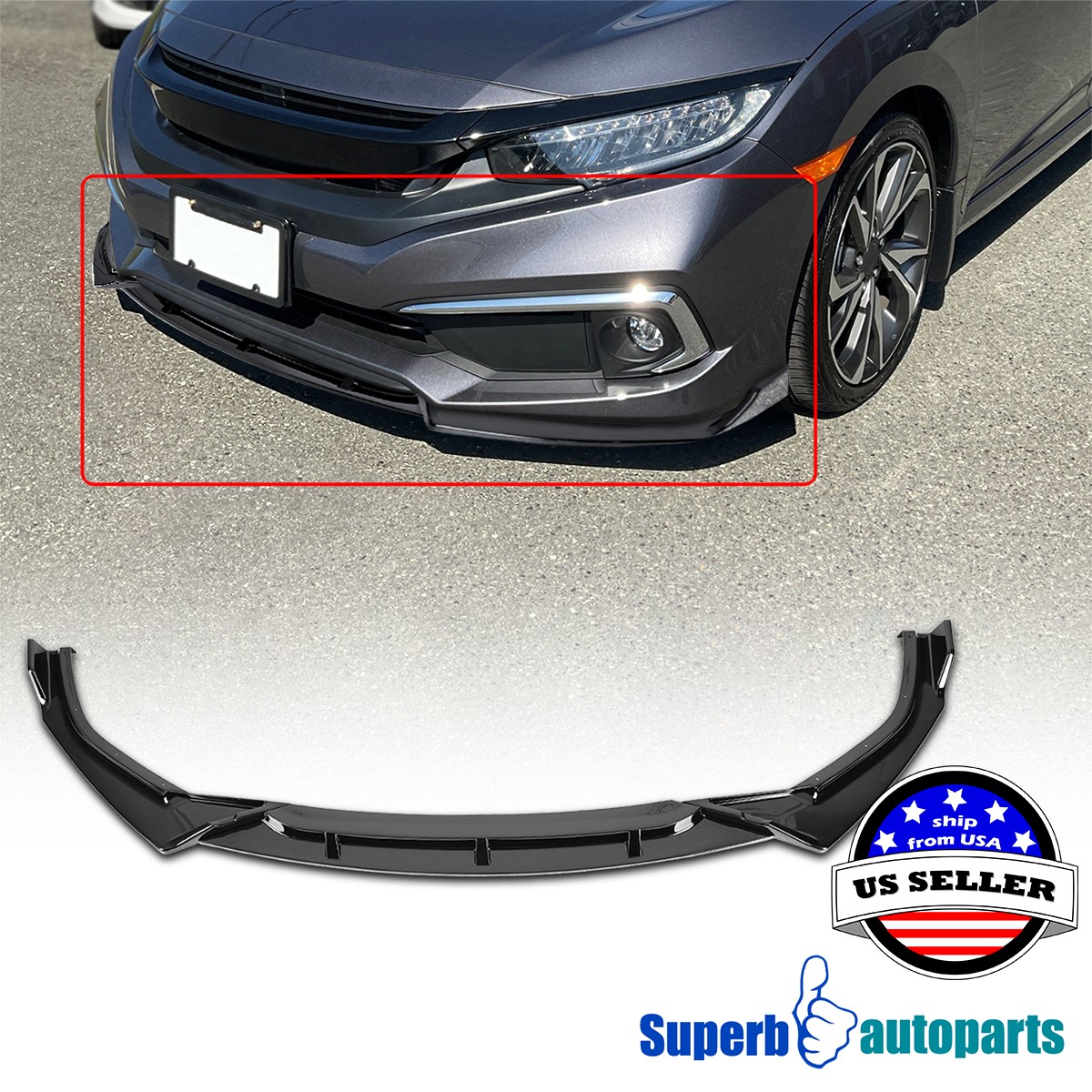 Fits 16-19 Honda Civic 4Dr Glossy Black Front Bumper Lip