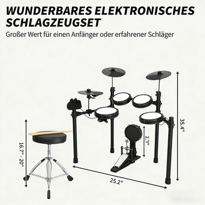 Glarry E-Drum Set   Leise Mesh Pads, Elektronisches Schlagzeug Kit Für Anfänger