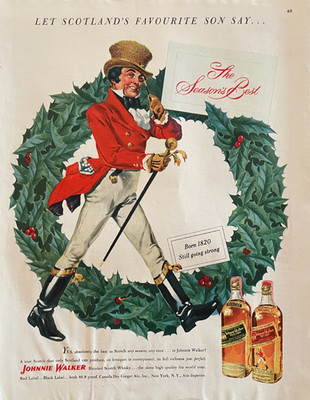 1950 Johnnie Walker Christmas Vintage Print Ad Scotch Whiskey Scotland Wreath