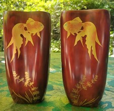 Pair Of Handpainted Japanese Vintage Porcelain Lacquerware Vases, With Koyfish