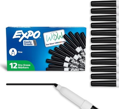 EXPO Dry Erase Markers, Low Odor Ink, Black, Fine Tip, 12 Count - Whiteboard,