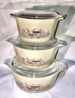 3 Vintage PYREX FOREST FANSIES Casserole Bowls  1 L, 1.5 L & 2.5 L. With Lids