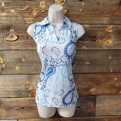 X by GOTTEX Blue Paisley Racerback Sleeveless Tennis & Golf Polo Shirt Top Sz M