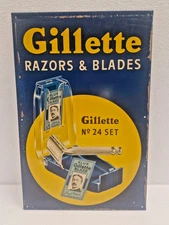 Vintage Gillette Razors & Blades Tin Sign 14x10" Barbershop Shaving Memorabilia
