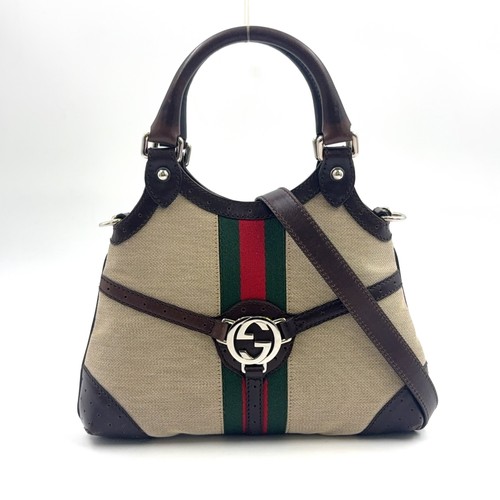 GUCCI Interlocking G 2-Way Handbag Dark brown beige Leather Canvas 114873