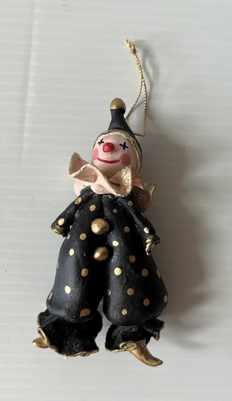 LAST CHANCE vintage Clown Ornament Mardi gras, Christmas, 5” Gold Black