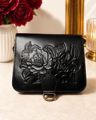 Women's Patricia Nash Black Rose Tooled Leather Crossbody Bag One Size