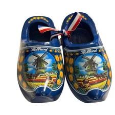 Vintage Holland Dutch Wooden Clogs Blue Hand Painted Windmill Tulip Souvenir