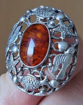 Vintage 835 Silver Brooch with Baltic Amber   Sea Life Design (Fish, Birds &...