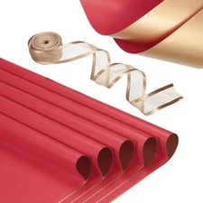 20 Sheets Flower Wrapping Paper with Ribbon 22.8" x 22.8" Bright Red/Gold Tone