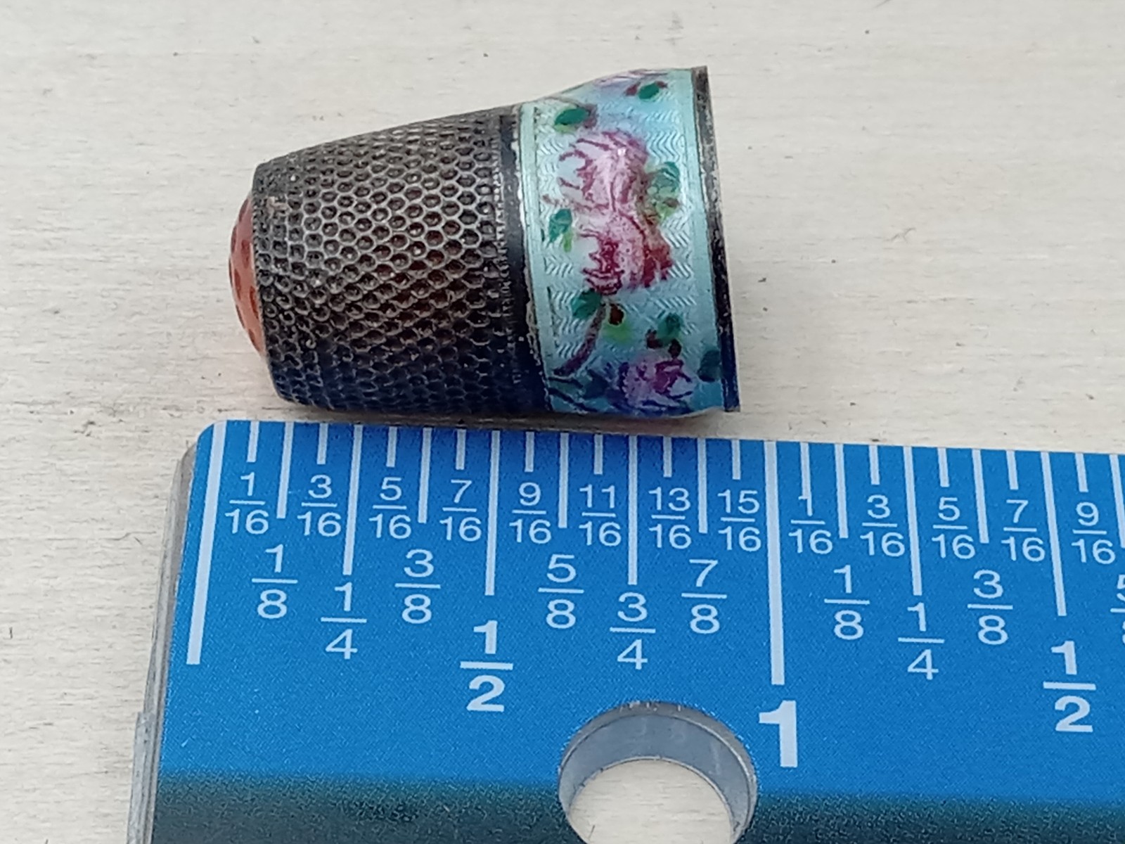 Sterling Silver Thimble w. Flower Themed Enamel Band at Bottom