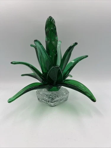 VTG Murano Style Green Art Glass Aloe Plant Sculpture MCM Hand Blown Centerpiece