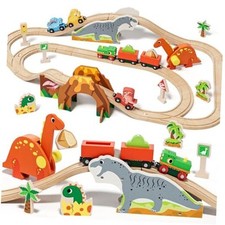 Wooden Train Set, Dinosaur Wooden Train Track Set, Wood Toy Train Set for