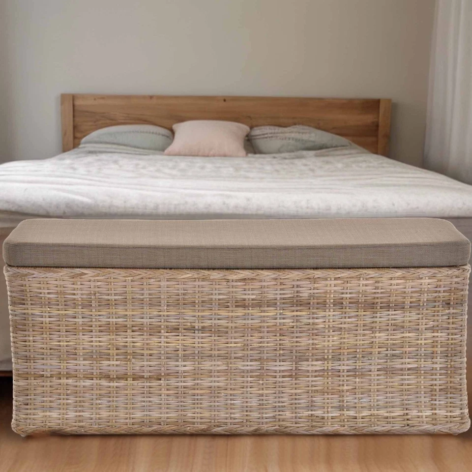 Breiter Rattan Wäschekorb mit Deckel Wäschetruhe Sitzbank Natur (Grau Natur) - Bild 2 von 4