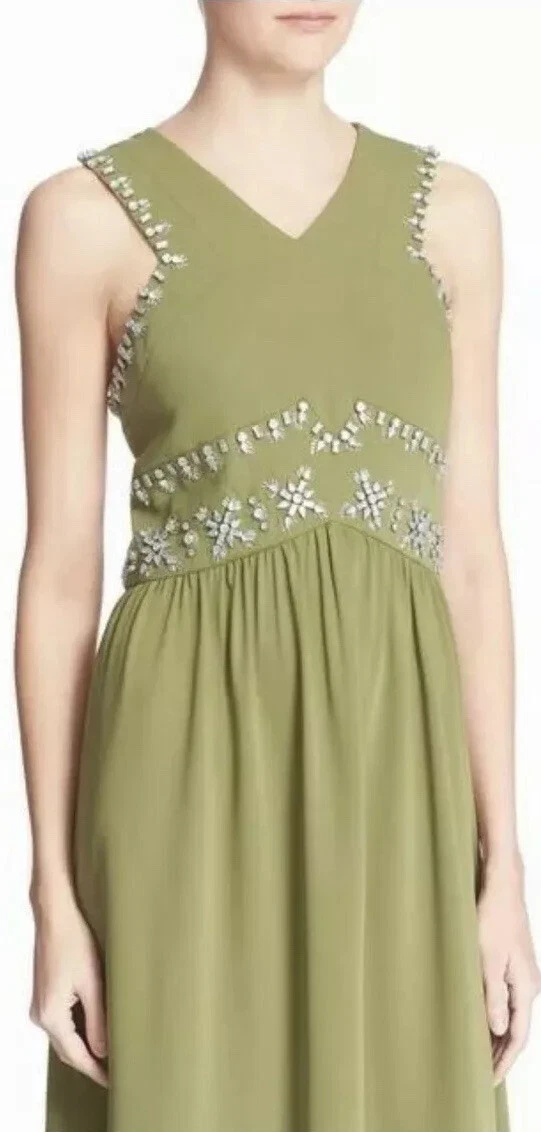 Abito nuovo senza etichette $1795 TORY BURCH 'LUISA' impreziosito ritagliato dietro colline verde taglia 2