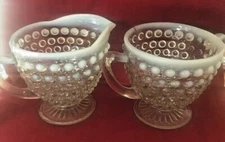 Vintage Opalescent Moonstone Hobnail Cream & Sugar Set