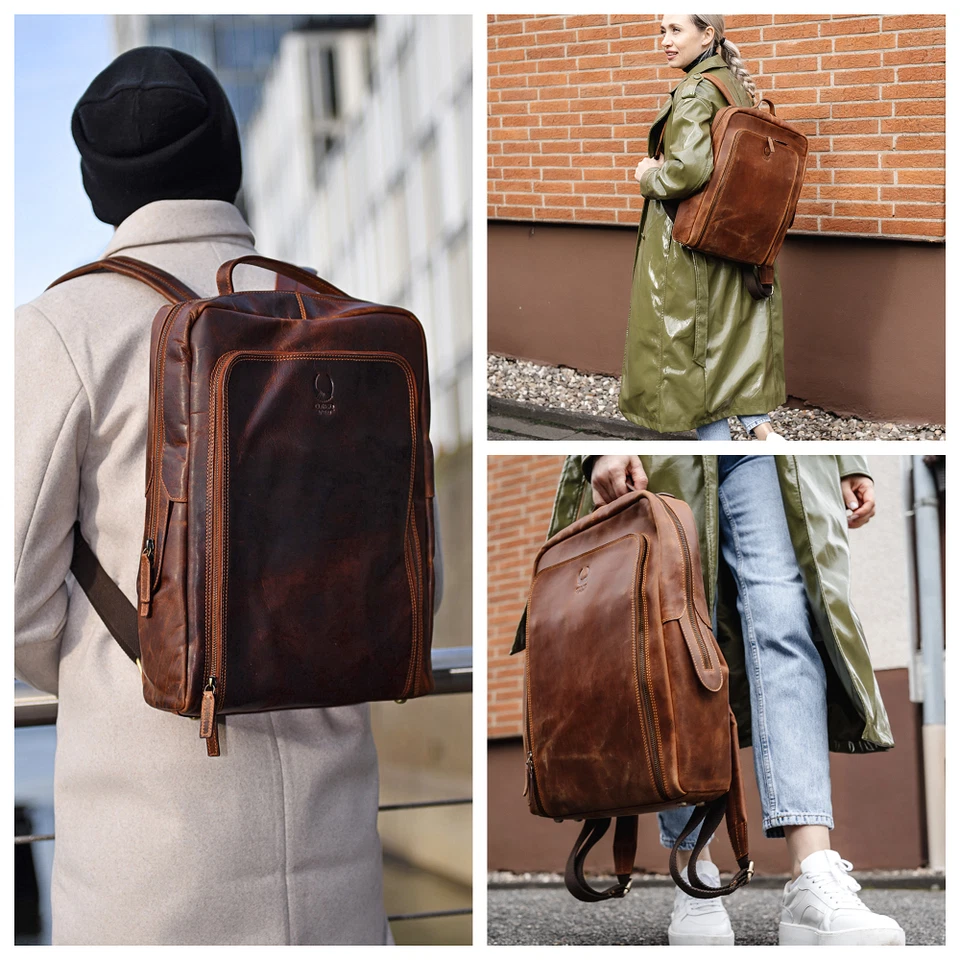 HANDGEFERTIGT Rucksack Damen Herren Leder Laptoprucksack 17 Zoll Handgepäck - Bild 2 von 4