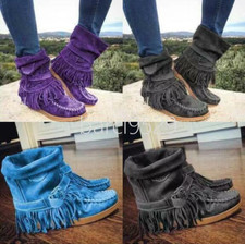 Womens Buckle Tassels Flat Heels Ankle Boots Ladies Suede Casual Shoes Plus Size