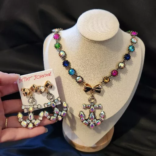 Betsey Johnson Cruise Control Anchor Drop Necklace Earrings AB Crystal Set