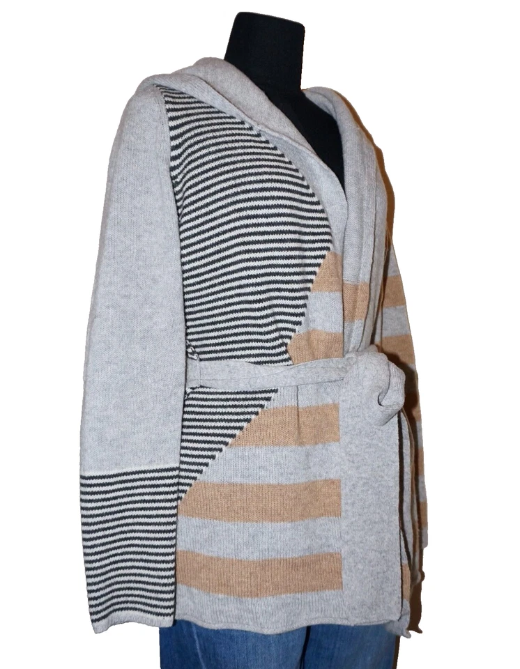 Cárdigan Suéter SPARROW Gris y Tostado 100% Lana de Cordero Tejido con Cinturón MEDIANO Foto 3 de 4