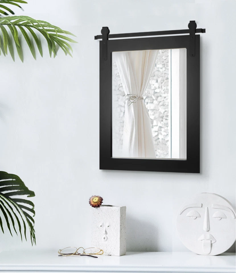 Espejo de pared H&A Farmhouse rústico horizontal con marco de madera, 28x22 negro Foto 3 de 4