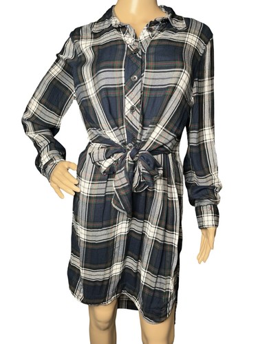 TOMMY HILFIGER 6 PLAID URBAN FOLKLORE BUTTON TIE FRONT SHIRT NAVY DRESS - Picture 4 of 10