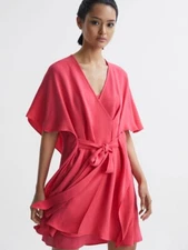 REISS Peony Wrap Mini Dress in Pink UK Size 6