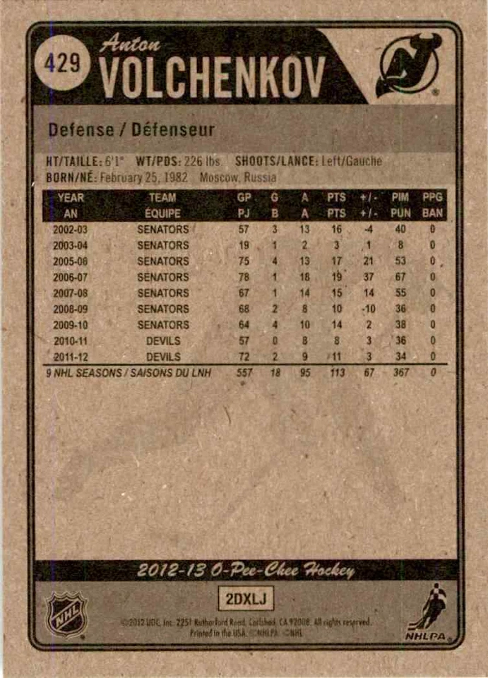 2012-13 O-Pee-Chee Anton Volchenkov #429 - Image 2 of 2