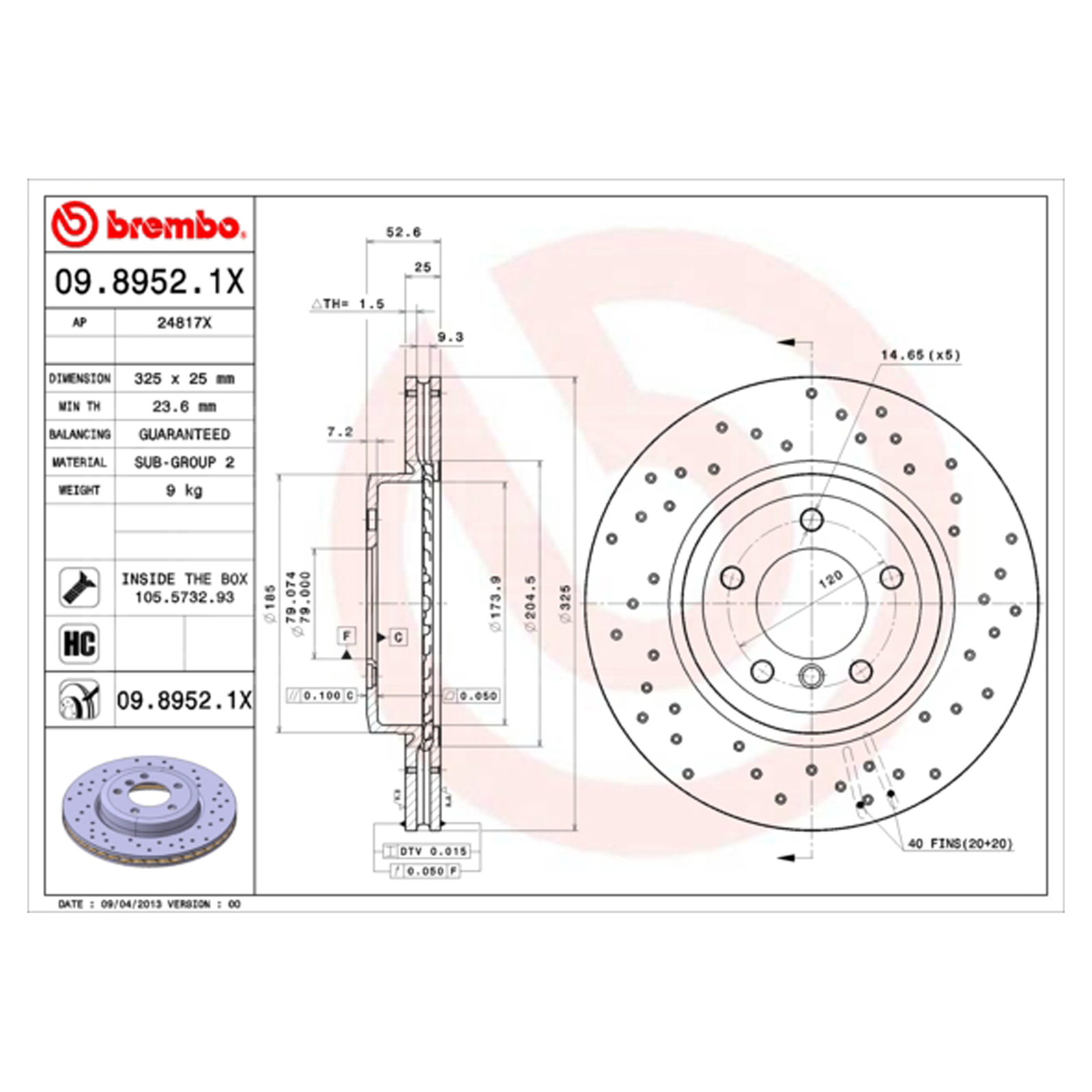 BREMBO XTRA Vented Brake Disc - Drilled - Fits BMW - 09.8952.1X - OE Equivalent
