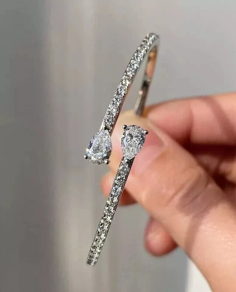 2Ct Pear Cut Lab Created Diamond Women's Bangle Bracelet 14K White Gold Plated - Image 3 of 4