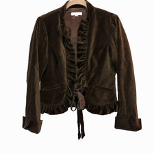 Liquid Womens Size 6 Brown Velvet Ruffles Open Tie Front Pockets Blazer Jacket