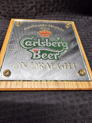 Vintage Carlsberg Beer on Draught Wood Plaque Copenhagen Denmark 1988 Sign