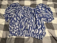 Indigo Rose XL Off-Shoulder Puff Sleeve Top Blue White Abstract Print Blouse