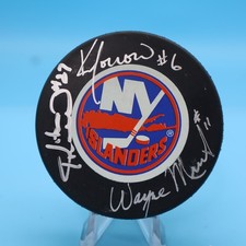 JOHN TONELLI KEN MORROW WAYNE MERRICK Signed Hockey Puck Inscribed -more listed