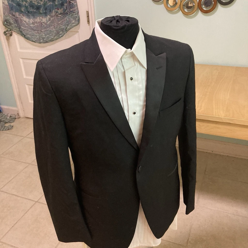 Men's Black Tuxedo Jacket One Button Satin Peak Lapels Wedding Prom 40 Short - Image 2 of 4