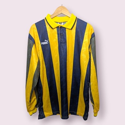 Vintage Puma Football Collared Template Jersey 90s Striped Yellow/Navy Top L
